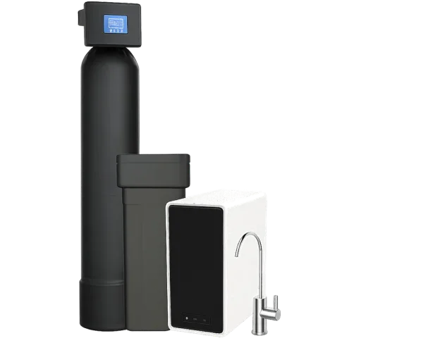 Whole-home filtration tank, brine tank, and tankless reverse osmosis unit with chrome drinking water faucet